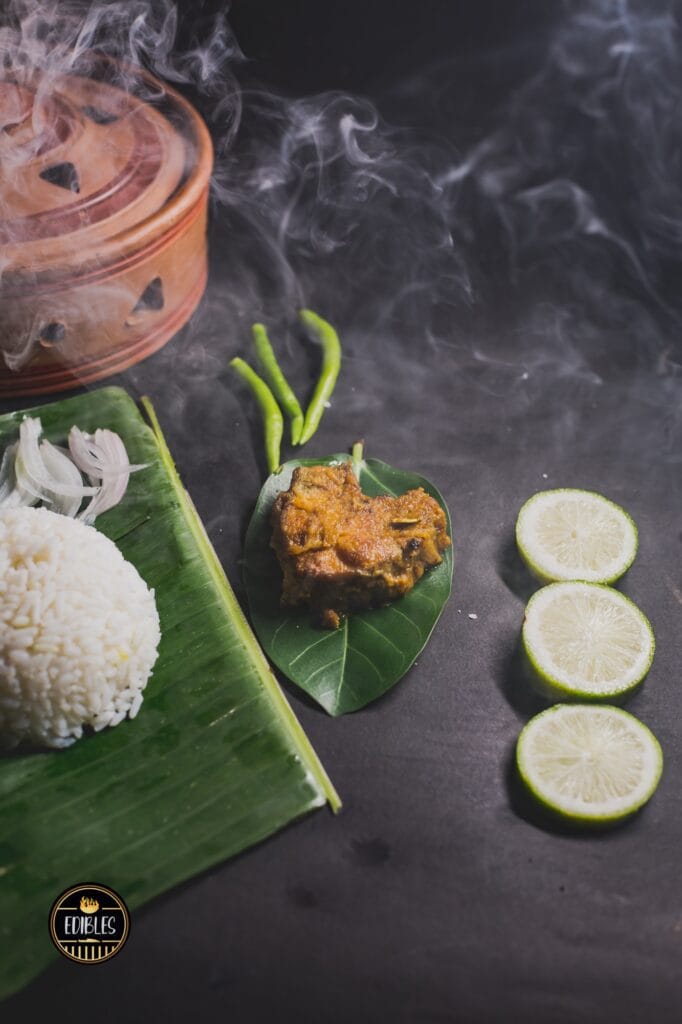 Banana leaf and brass thali used as food photography props at home