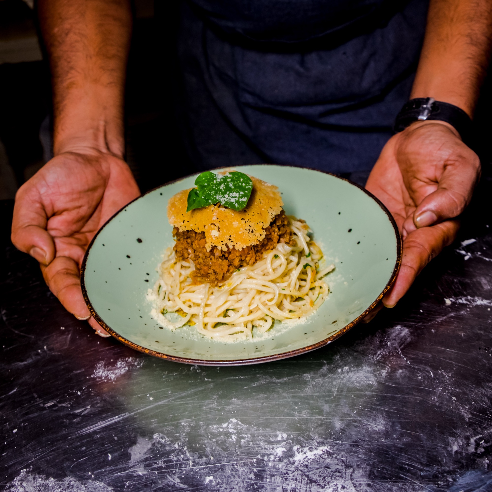 Hands presenting a plate of creamy pasta with sauce, close-up