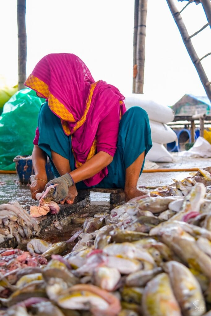 A woman cuts fish by hand at Bakalia, one Shutki Palli Chittagong yard.